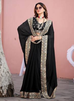 Kanjivaram black embroidered border fandy satin saree with unstitched blouse 4