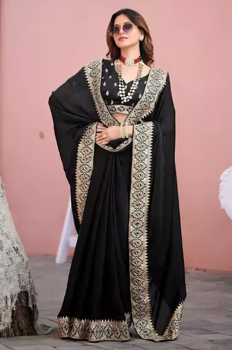 Kanjivaram black embroidered border fandy satin saree with unstitched blouse