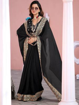 Kanjivaram black embroidered border fandy satin saree with unstitched blouse 5