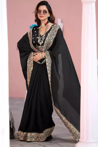 Kanjivaram black embroidered border fandy satin saree with unstitched blouse
