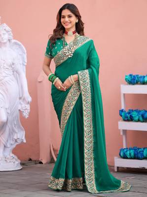 Designer green embroiderd border fandy satin saree with unstitched blouse 1