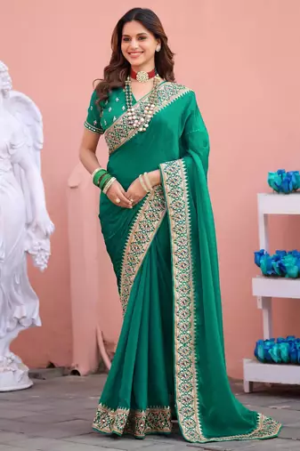 Designer green embroiderd border fandy satin saree with unstitched blouse