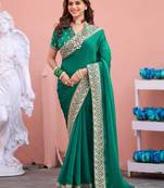 Designer green embroiderd border fandy satin saree with unstitched blouse