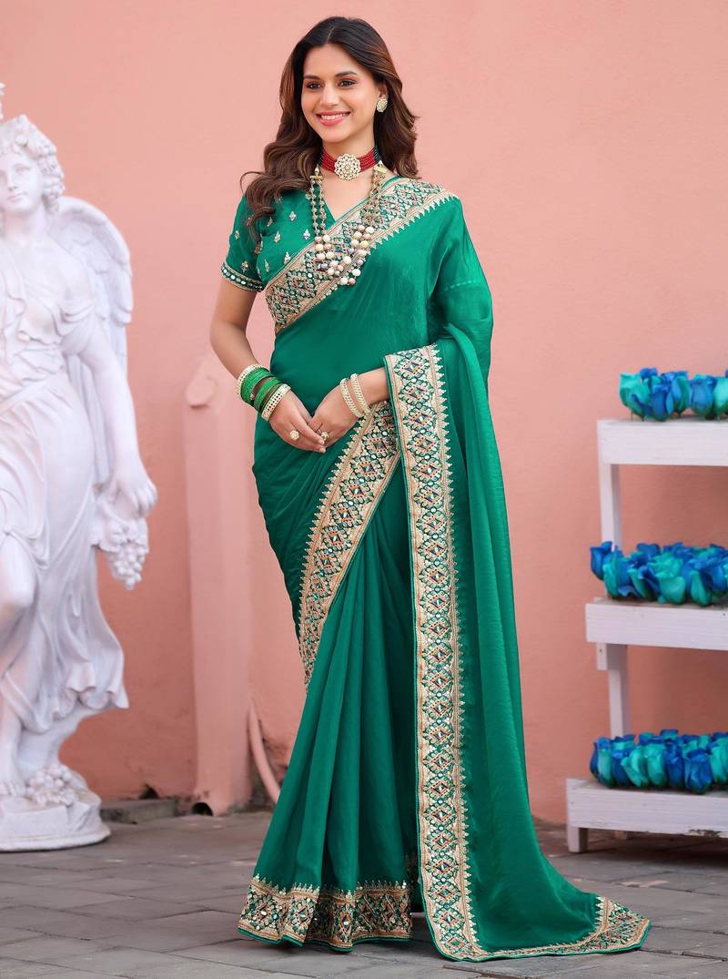 Designer green embroiderd border fandy satin saree with unstitched blouse