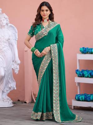 Designer green embroiderd border fandy satin saree with unstitched blouse 2
