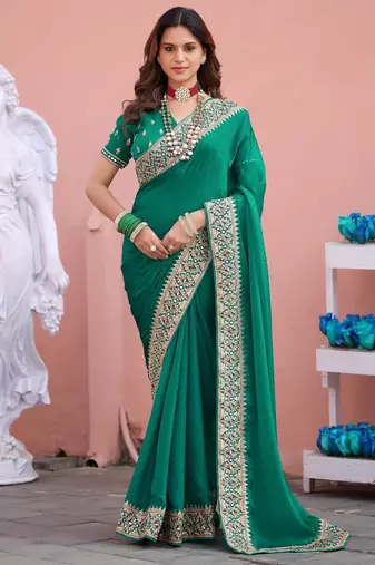 Designer green embroiderd border fandy satin saree with unstitched blouse