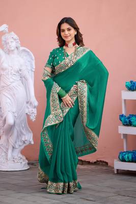 Designer green embroiderd border fandy satin saree with unstitched blouse 3