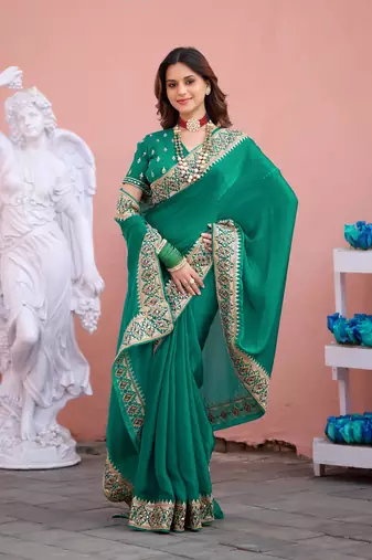 Designer green embroiderd border fandy satin saree with unstitched blouse