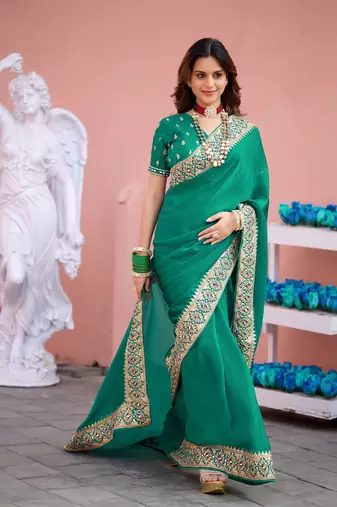 Designer green embroiderd border fandy satin saree with unstitched blouse