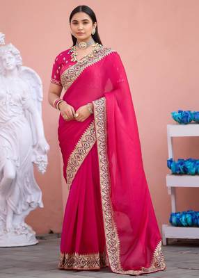 Pure rani embroidered border fandy satin saree with unstitched blouse 1