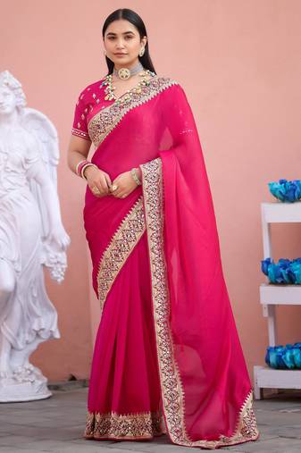 Pure rani embroidered border fandy satin saree with unstitched blouse
