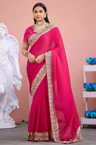 Pure rani embroidered border fandy satin saree with unstitched blouse