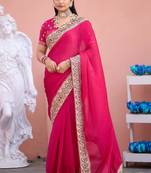 Pure rani embroidered border fandy satin saree with unstitched blouse