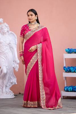 Pure rani embroidered border fandy satin saree with unstitched blouse 2