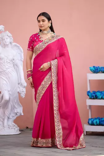 Pure rani embroidered border fandy satin saree with unstitched blouse