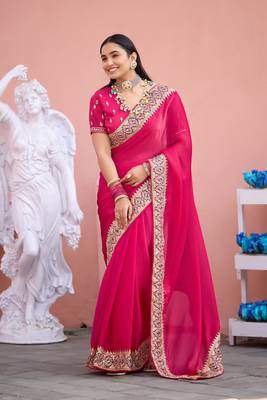 Pure rani embroidered border fandy satin saree with unstitched blouse 3
