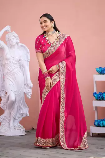 Pure rani embroidered border fandy satin saree with unstitched blouse