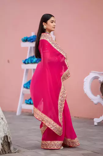 Pure rani embroidered border fandy satin saree with unstitched blouse