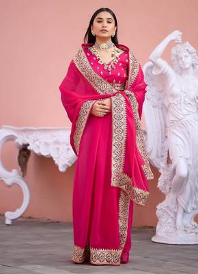 Pure rani embroidered border fandy satin saree with unstitched blouse 5