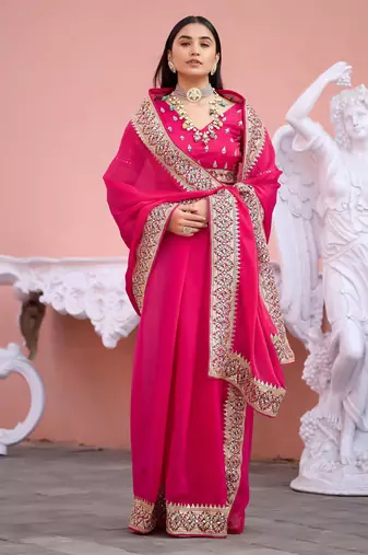Pure rani embroidered border fandy satin saree with unstitched blouse