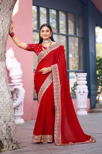 Light weight red embroiderd border fandy satin saree with unstitched blouse