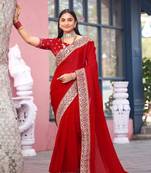 Light weight red embroiderd border fandy satin saree with unstitched blouse