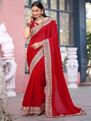 Light weight red embroiderd border fandy satin saree with unstitched blouse 2