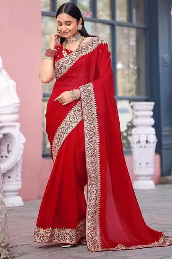 Light weight red embroiderd border fandy satin saree with unstitched blouse