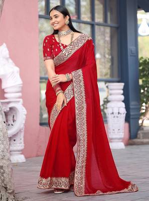 Light weight red embroiderd border fandy satin saree with unstitched blouse 3