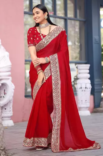 Light weight red embroiderd border fandy satin saree with unstitched blouse