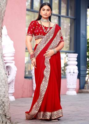 Light weight red embroiderd border fandy satin saree with unstitched blouse 4