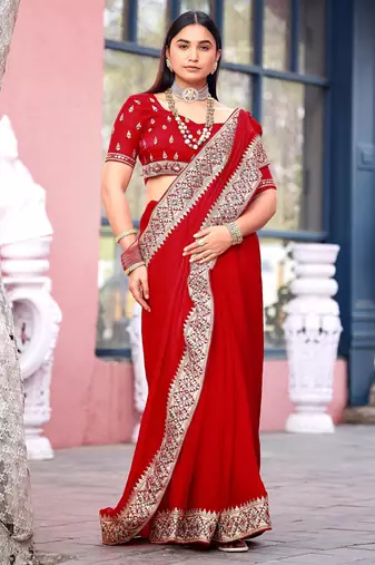 Light weight red embroiderd border fandy satin saree with unstitched blouse