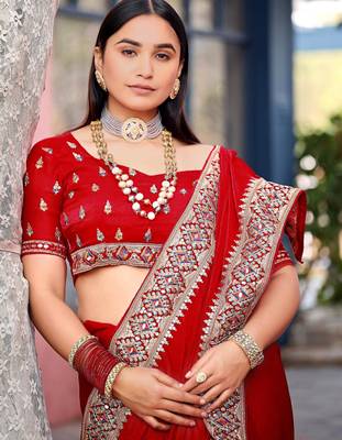 Light weight red embroiderd border fandy satin saree with unstitched blouse 5