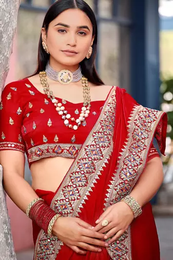 Light weight red embroiderd border fandy satin saree with unstitched blouse