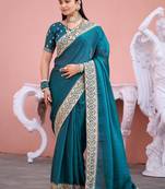 Fashionable teal blue embroidered border fandy satin saree with unstitched blouse