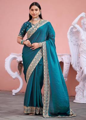 Fashionable teal blue embroidered border fandy satin saree with unstitched blouse 2