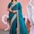 Fashionable teal blue embroidered border fandy satin saree with unstitched blouse