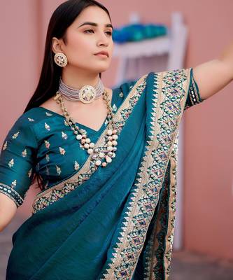 Fashionable teal blue embroidered border fandy satin saree with unstitched blouse 5