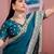 Fashionable teal blue embroidered border fandy satin saree with unstitched blouse
