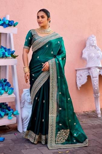 Trendy teal blue zari jaal embroidery heavy border fancy satin saree with unstitched blouse