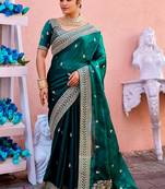 Trendy teal blue zari jaal embroidery heavy border fancy satin saree with unstitched blouse