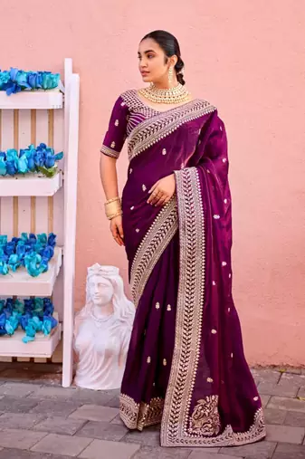 Traditional deep purple zari jaal embroidery heavy border fancy satin saree with unstitched blouse