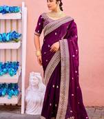 Traditional deep purple zari jaal embroidery heavy border fancy satin saree with unstitched blouse
