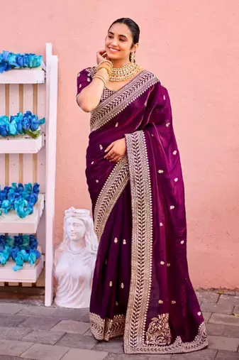 Traditional deep purple zari jaal embroidery heavy border fancy satin saree with unstitched blouse
