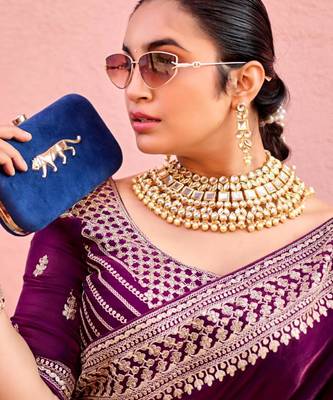 Traditional deep purple zari jaal embroidery heavy border fancy satin saree with unstitched blouse 3