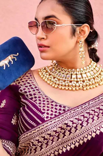 Traditional deep purple zari jaal embroidery heavy border fancy satin saree with unstitched blouse
