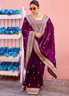 Traditional deep purple zari jaal embroidery heavy border fancy satin saree with unstitched blouse 4