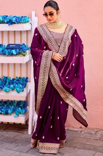 Traditional deep purple zari jaal embroidery heavy border fancy satin saree with unstitched blouse