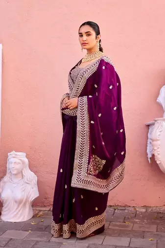 Traditional deep purple zari jaal embroidery heavy border fancy satin saree with unstitched blouse