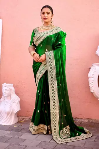 Indian bottle green zari jaal embroidery heavy border fancy satin saree with unstitched blouse